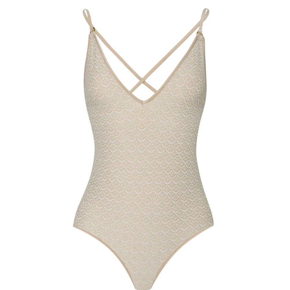 NWT PQ Swim Biscotti Margot Lace One Piece Swimsuit Cream Gold Size Large